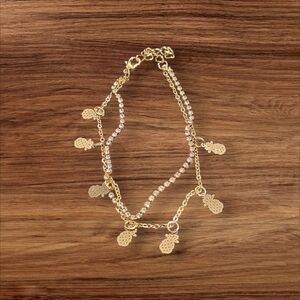 Gold Plated Pineapple Charm Rhinestone Layered Anklet Bracelet